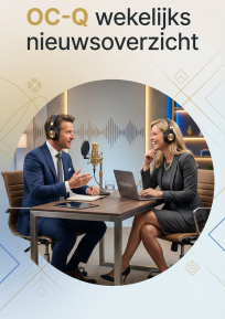 Podcast host en hostess in gesprek over het OC-Q wekelijks nieuwsoverzicht voor ondernemers